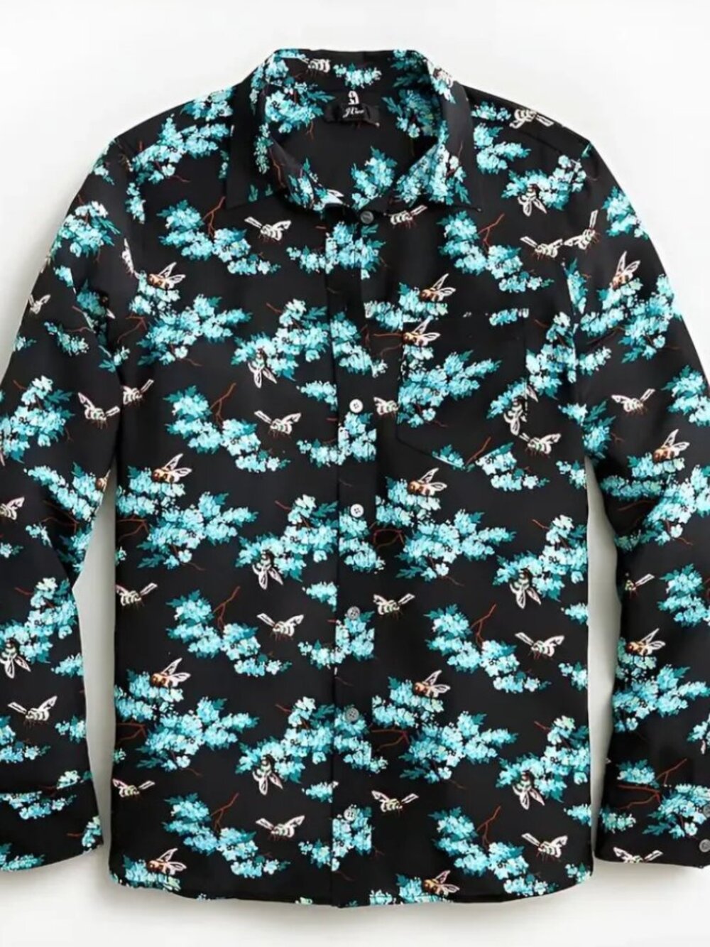 J.Crew Botanical Bees Floral Long Sleeve Tie Neck Blouse SILK Teal Black Size 0
